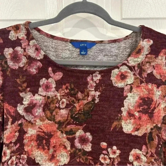 Apt 9 Floral Long Sleeve Round Neck Blouse Sz L Maroon Side Tie Shirt Fall Boho - Picture 11 of 11
